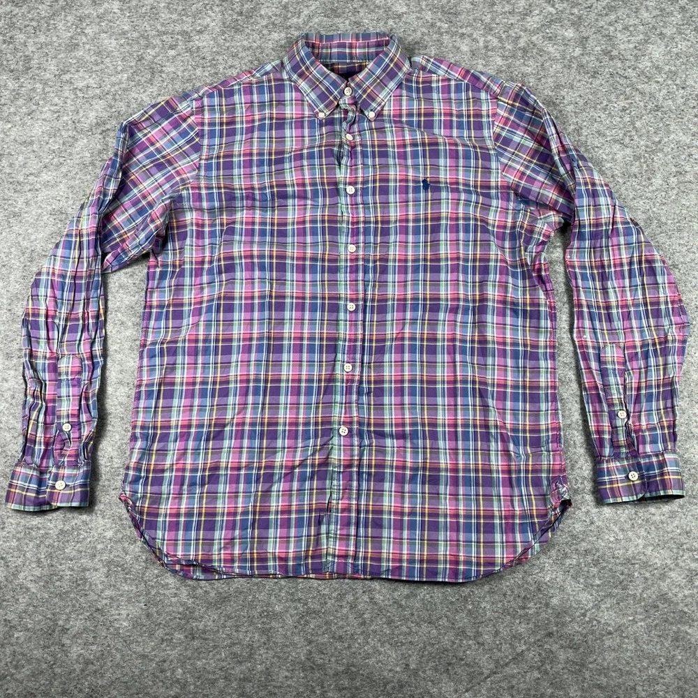 Ralph Lauren Button Down Shirt Mens L Purple Plaid Long Sleeve Pony Classic Fit